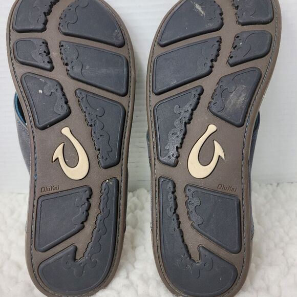 OluKai Nui Sandal Mens Flip Flop Size 12 Tan Gray Leather Sandals - Picture 11 of 11